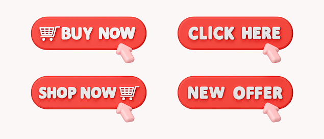 3d Set of click button for shopping online concept. icon isolated on white background. 3d rendering illustration. Clipping path..
