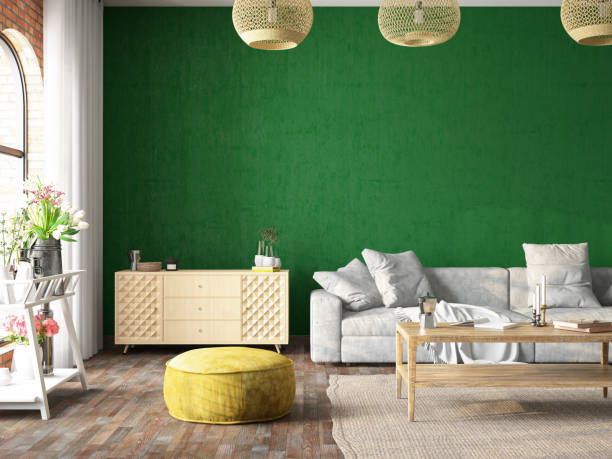 istock Cozy Living Room Design with Empty Green Wall 1511125107