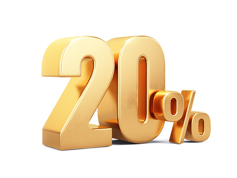 Gold twenty percent isolated on white. 20% income or 20% off on sale concept. 3d rendering