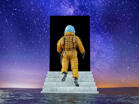 Astronaut on Foreign Planet Walking Towards the Black Portal. 3D Render