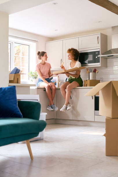 Two Female Friends Or Same Sex Couple Celebrating With Pizza And Wine On Moving Day In New Home stock photo