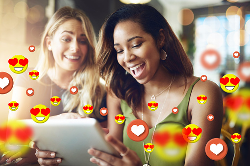 Happy, online dating icon or friends with tablet for communication or social media texting together. Smile, girls or excited friends on fun website or digital network with love, like or heart emoji