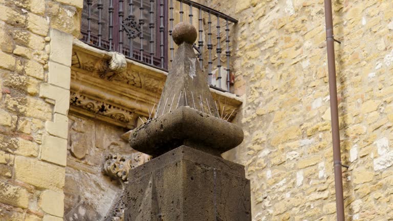 Sharp metal spikes of pigeon protection on an antique pillar