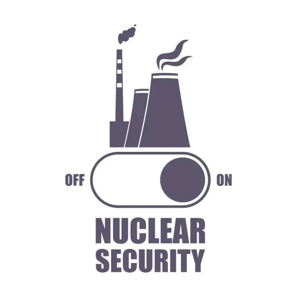Vector illustration of Energy generation atom station with toggle switch. Nuclear security text.