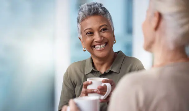 Photo of Mockup, senior women and coffee with friends, reunion and happiness with achievement, relax and conversation. Mature females, ladies and tea with discussion, smile and catch up on break and talking