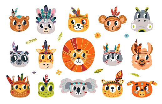 Tribal animals faces, doodle animal avatars boho style. Raccoon, cat and koala, cute panda and dog. Isolated children classy stickers vector elements of bear and rabbit, cat and monkey illustration