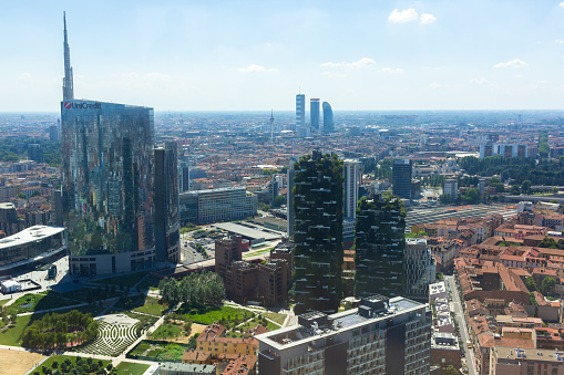 Milan aerial view of the Porta Nuova District, Italy.