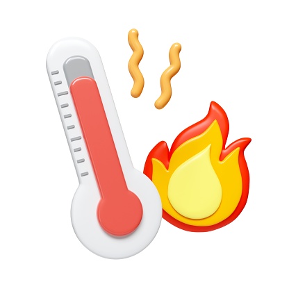 3d thermometer and fire symbol. High temperature. the concept of weather and increased temperature. summer time. icon isolated on white background. 3d rendering illustration. Clipping path..