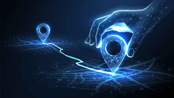 Digital hand set location on map with two pins. AI technology in GPs, innovation delivery Digital hand set location on map with two pins. AI technology in GPs, innovation delivery, map location, future transport logistic, route path concept. GPs point. New office location, change address technology roadmap stock illustrations