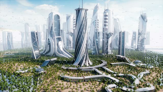 Futuristic city day. Sci fi architecture and buildings. Future concept. Realistic 4k animation.