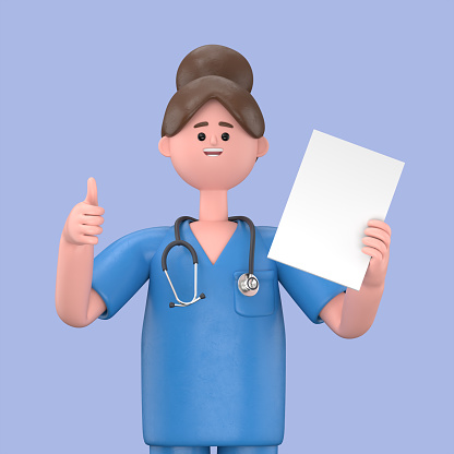 3D illustration of Female Doctor Mary holding placard with thumb up, Medical presentation clip art isolated on blue background
