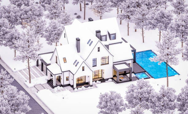 3d rendering of white and black modern tudor house in winter evening - house residential structure non urban scene tudor style imagens e fotografias de stock