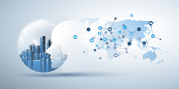 Concept with Cityscape in a Globe, Network Mesh, Robot Face and World Map - Digital Network Connections, Services, Technology Background