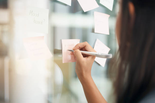 istock Hands, brainstorming and woman writing notes for office schedule, agenda and mindmap goals at window. Closeup female employee planning ideas at glass for solution, information and strategy objectives 1511181807