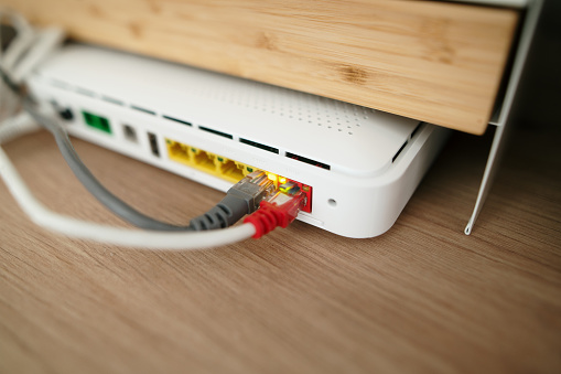 Rear of a Wifi router with LAN ports