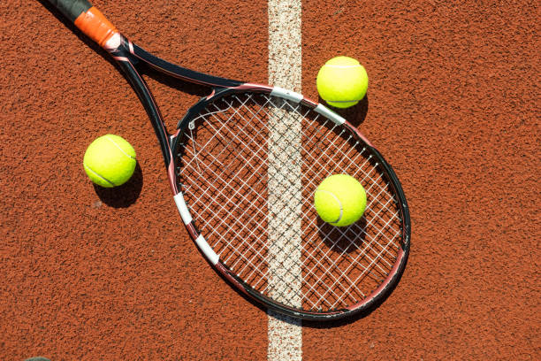 istock Tennis racket and balls, flat lay. Space for text 1511182221