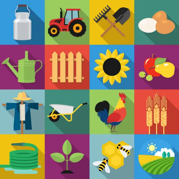 Vector illustration of Agriculture and farming icon set in flat design with long shadows