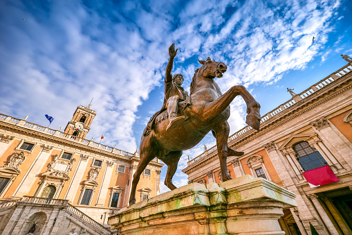 The statue of Marcus Aurelius dominates the Campidoglio or Roman Capitol in the historic heart of Rome