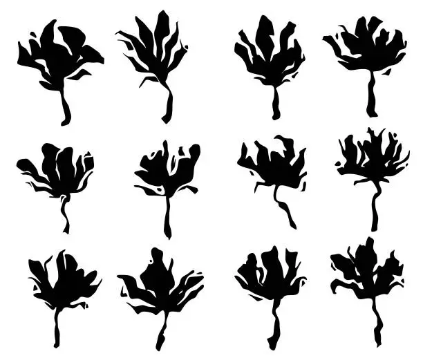 Vector illustration of abstract modern flowers abstract set silhouette brush ink painting.