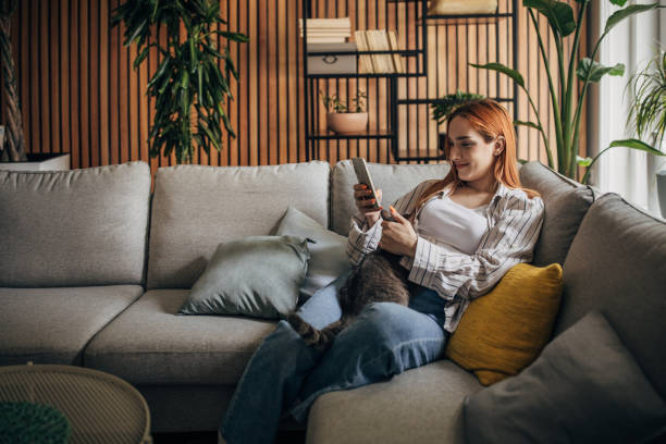 istock Young woman cuddling with cat at home ad using smartphone 1511224650