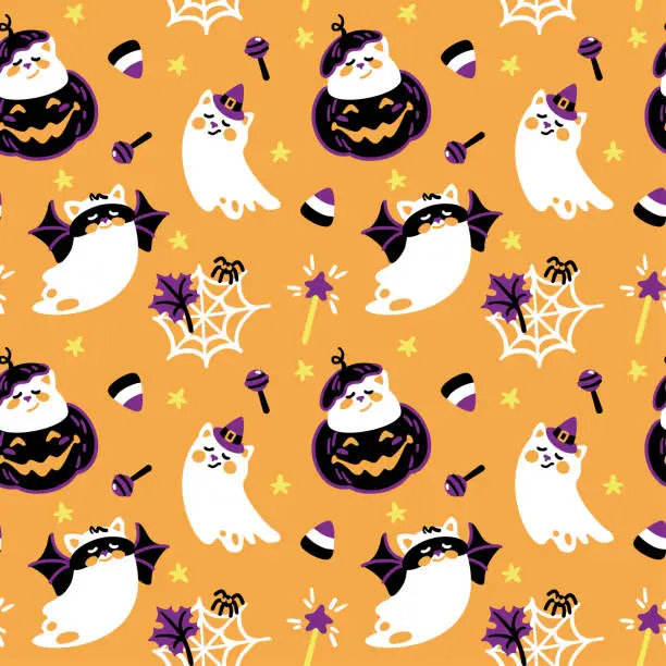 Vector illustration of Cat in halloween costume. Kids pattern for halloween.