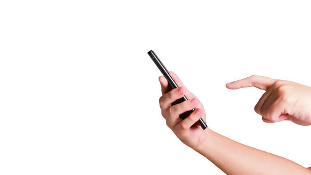 istock Hand touching app or application by finger on smart phone mobile screen on isolated white background. People using mock up smartphone gadget blank screen. 1511234967