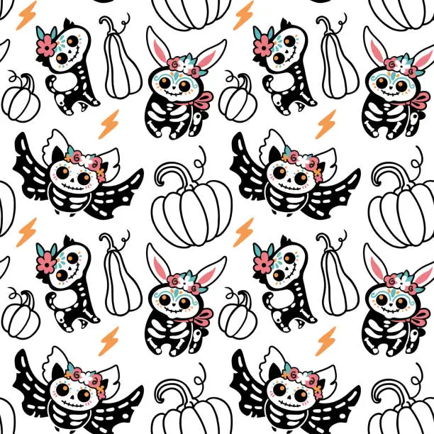 Vector illustration of Halloween pumpkins and cute skeletons of animals. Kids print.