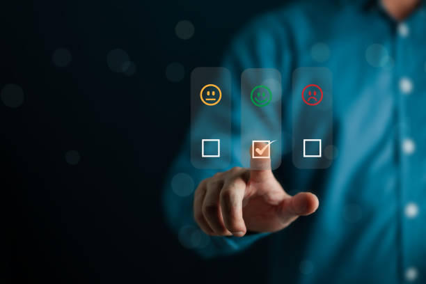 Men give rating to service experience on online application, Customer review satisfaction feedback survey concept, Customer can evaluate quality of service leading to reputation ranking of business.