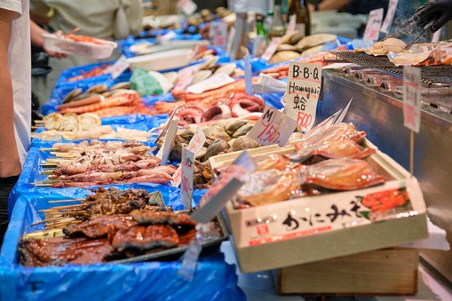 Fresh seafood for sale in a Osaka market, in Japan.