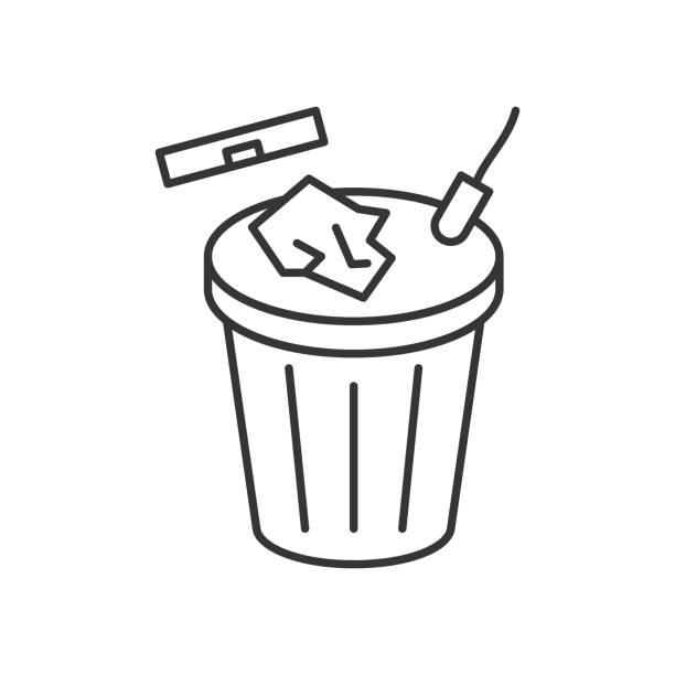 Toilet bin icon in line style, vector image Toilet bin line icon. Throw a garbage into a basin concept. Vector pictogram isolated on a white background. throwing in the towel illustrations stock illustrations