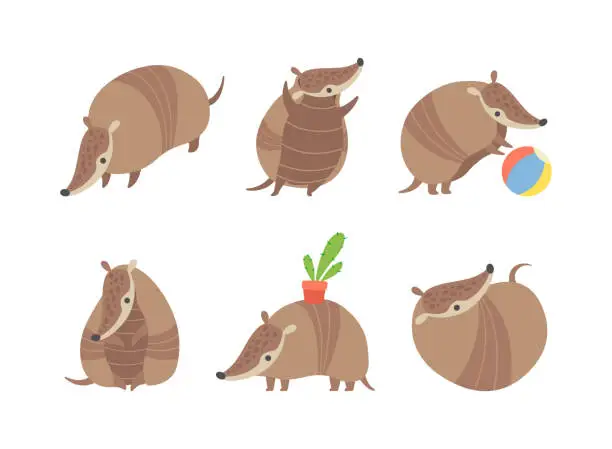 Vector illustration of Cute Armadillo Character with Armor Shell Engaged in Different Activity Vector Set