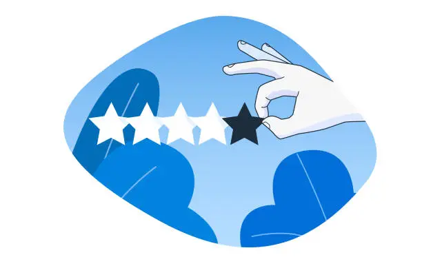 Vector illustration of Hand pointing five gold star rating. Simple outline style.