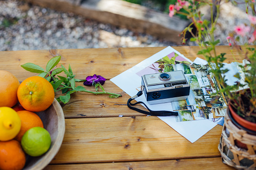 Digital camera laying on a table near a fruit bowl, printed sheet of image inspiration and a plant. The items are on a table outdoors in Toulouse in the South of France.