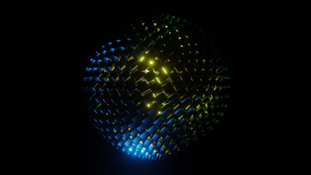 Psychedelic abstract bright sphere spinning seamless with glowing multicolored light. Seamless loop background. Dance party. 3d render. Yellow blue colors. Seamless VJ loop animation