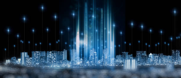 istock Data, information technology and innovation in a city at night for cyber security or digital networking. Communication, overlay and cloud computing with special effects over a futuristic urban town 1511300692