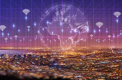 Global, network and information technology with an overlay city at night for connectivity or data sharing. 3d globe, hologram and ai for digital transformation or cyber security in an urban town