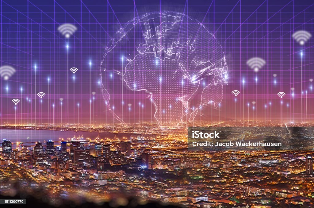 Global, network and information technology with an overlay city at night for connectivity or data sharing. 3d globe, hologram and ai for digital transformation or cyber security in an urban town Technology Stock Photo