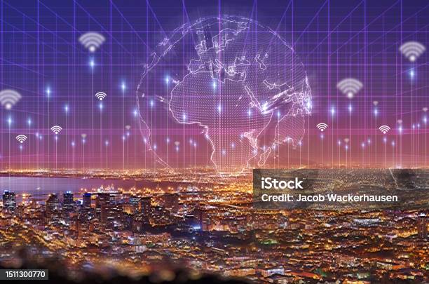 Global Network And Information Technology With An Overlay City At Night For Connectivity Or Data Sharing 3d Globe Hologram And Ai For Digital Transformation Or Cyber Security In An Urban Town Stock Photo - Download Image Now