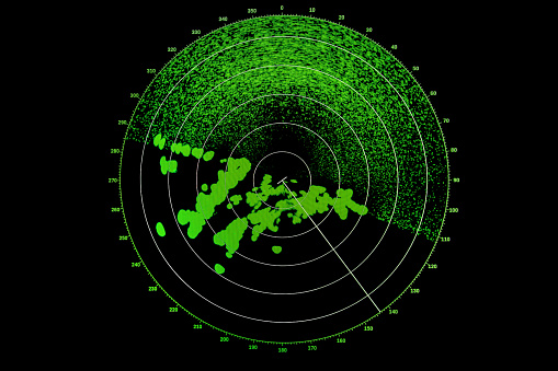 Radar screen with green indication on black background, close-up photo with pixel structure
