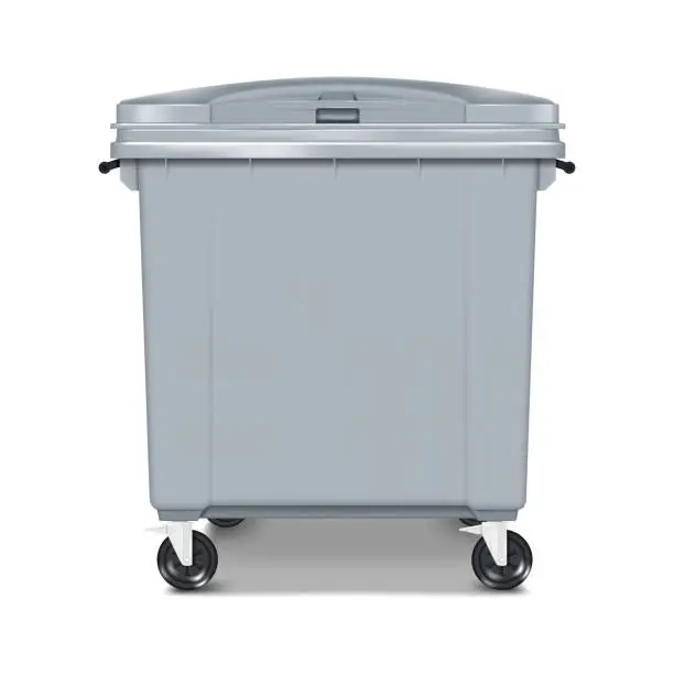 Vector illustration of Large outdoor plastic dustbin with hinged lid and wheels vector mockup. Wheeled dust bin realistic mock-up. Big industrial trash waste container. Template for design