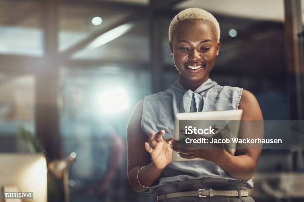 Smile Tablet And Search With Black Woman In Office For Technology Corporate And Communication Social Media Connection And Internet With Female And Online For Networking Email And Website Stock Photo - Download Image Now