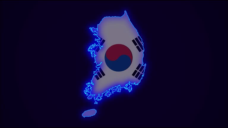 South Korea Map Outline Country Border on black.  Neon Lights  colorful animation transition. Flag of South Korea.  Animation in neon style. 4k Resolution.