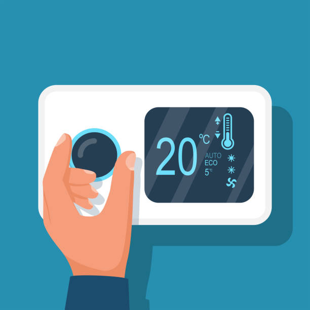 Man regulates the thermostat controller in the house. Heating thermostat. Man regulates the thermostat controller in the house. A person regulates heating and climate on a digital device. Vector illustration flat design. Isolated on white background. thermostat stock illustrations
