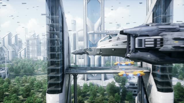 Sci fi ship in futuristic city. Aerial view. Realistic 4k animation.