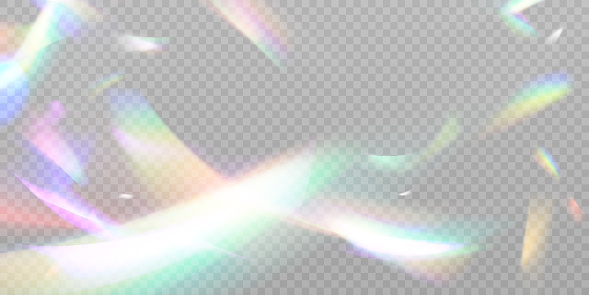 Overlay rainbow effect, prism crystal light refraction. Lens flare, glass, jewelry or gem stone blurred reflection glare, optical physics effect on black background