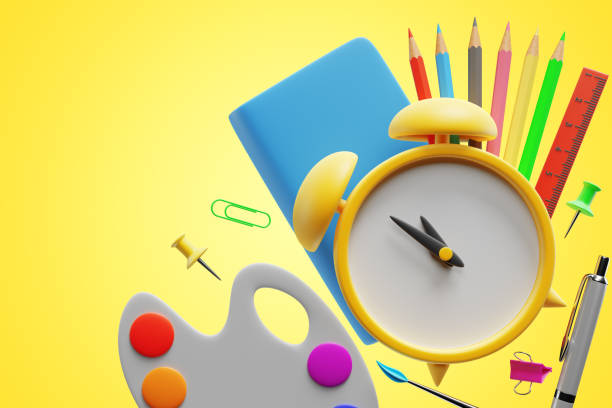 istock Back to school. Alarm clock with student elements on a yellow background. 3d rendering 1511330139