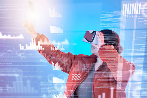 istock Data, woman or virtual reality glasses with overlay for digital transformation, charts or graphs online. Girl with vr headset in holographic cyber 3d technology for innovation, light or future news 1511330608