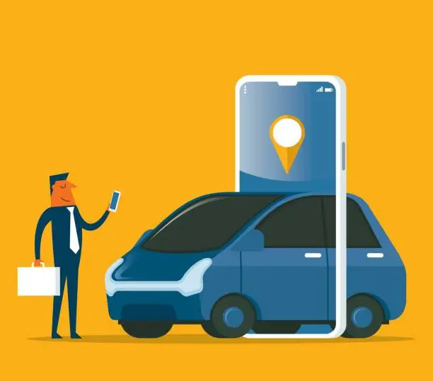 Vector illustration of Renting Car Using Mobile App - Businessman