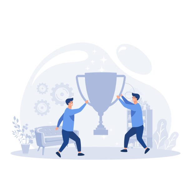 ilustrações de stock, clip art, desenhos animados e ícones de success team concept illustration, small people celebrate success achievement by holding a big goblet, flat vector modern illustration - 11992