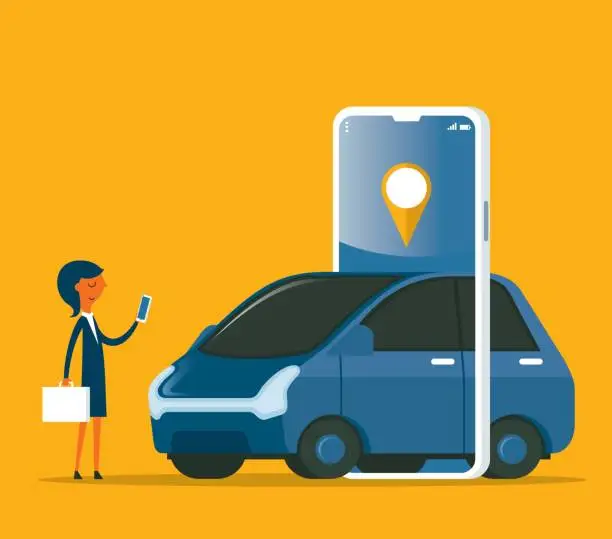 Vector illustration of Renting Car Using Mobile App - Businesswoman